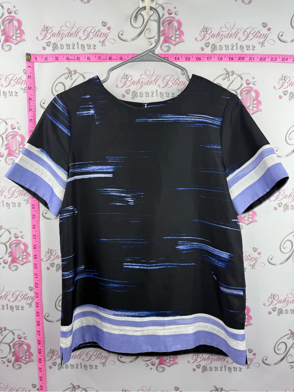 Banana Republic Black Top with Blue Brushstroke and Lavender Trim